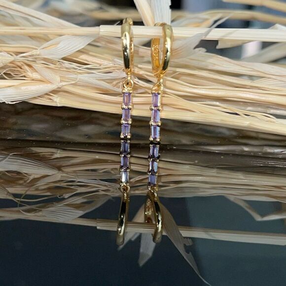 Gold Plated Dangle Huggie Hoop Earrings Dainty Minimalistic Silver CZ gems - Picture 3 of 4